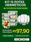 Kit 15 Potes Herméticos de Vidro + 10 Copos de Vidro Aruba de Brinde